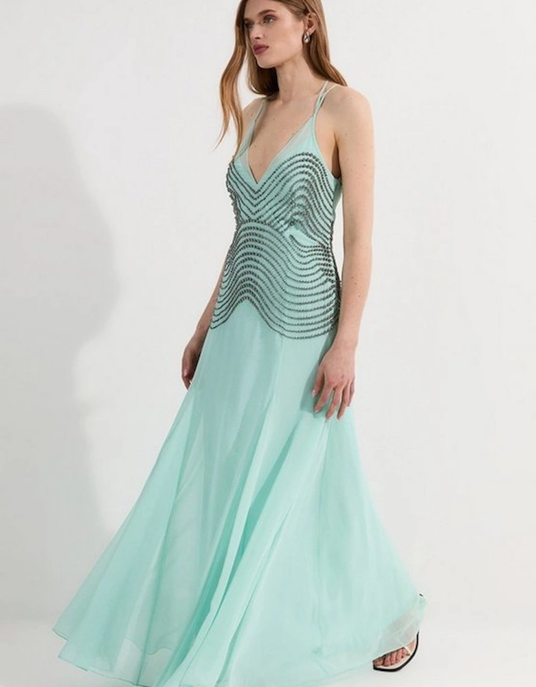 Embellished Geo Strappy Woven Maxi Dress
