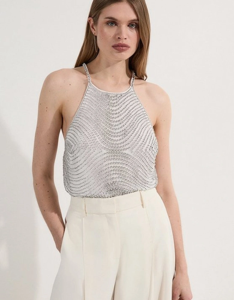 Embellished Geo Halter Woven Top