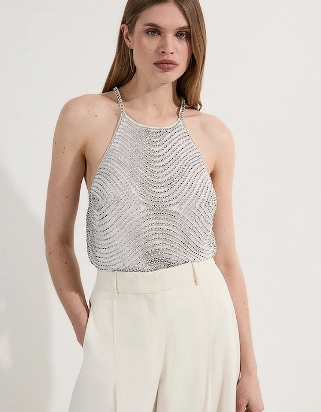 Embellished Geo Halter Woven Top