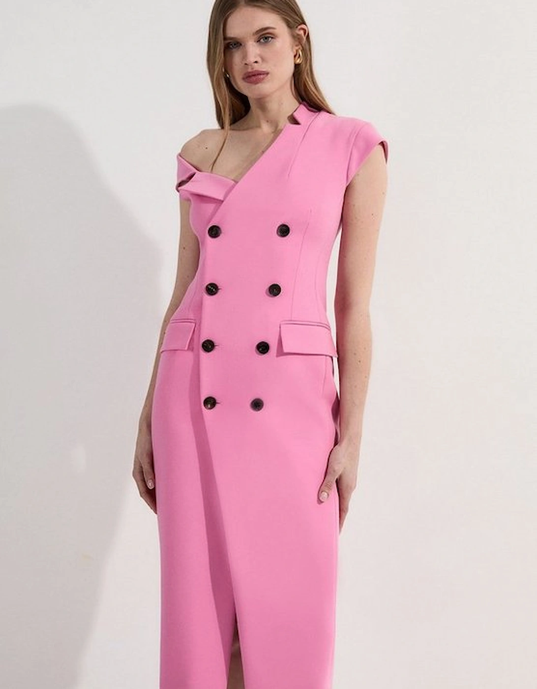 Petite Compact Stretch Asymmetric Collar Tailored Pencil Maxi Dress, 4 of 3