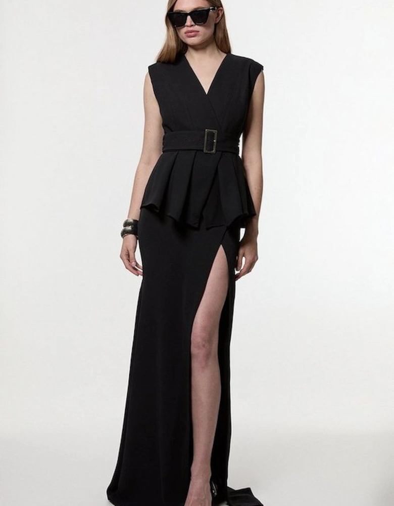 Soft Tailored Belted Peplum Tailored Maxi Dress