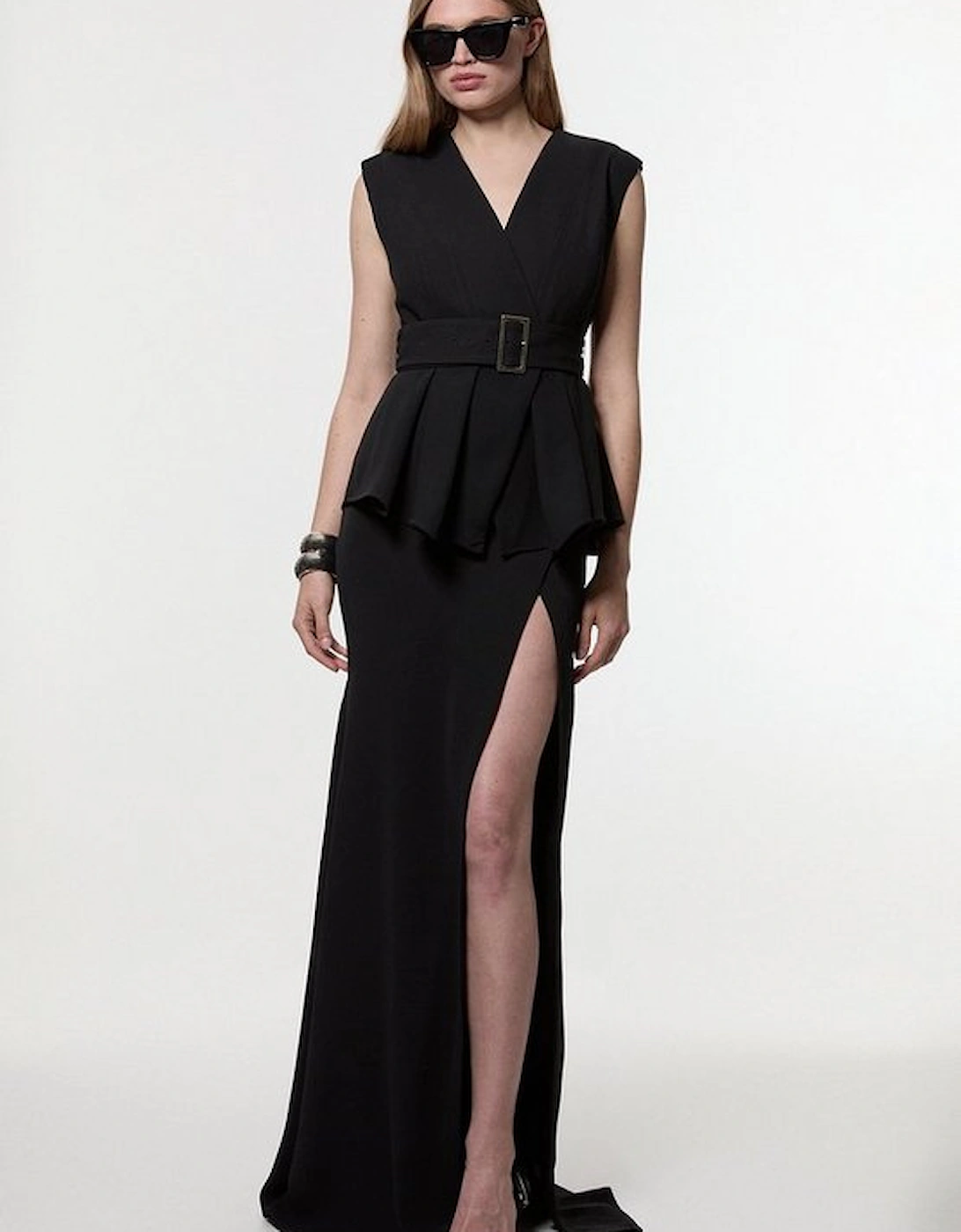 Soft Tailored Belted Peplum Tailored Maxi Dress