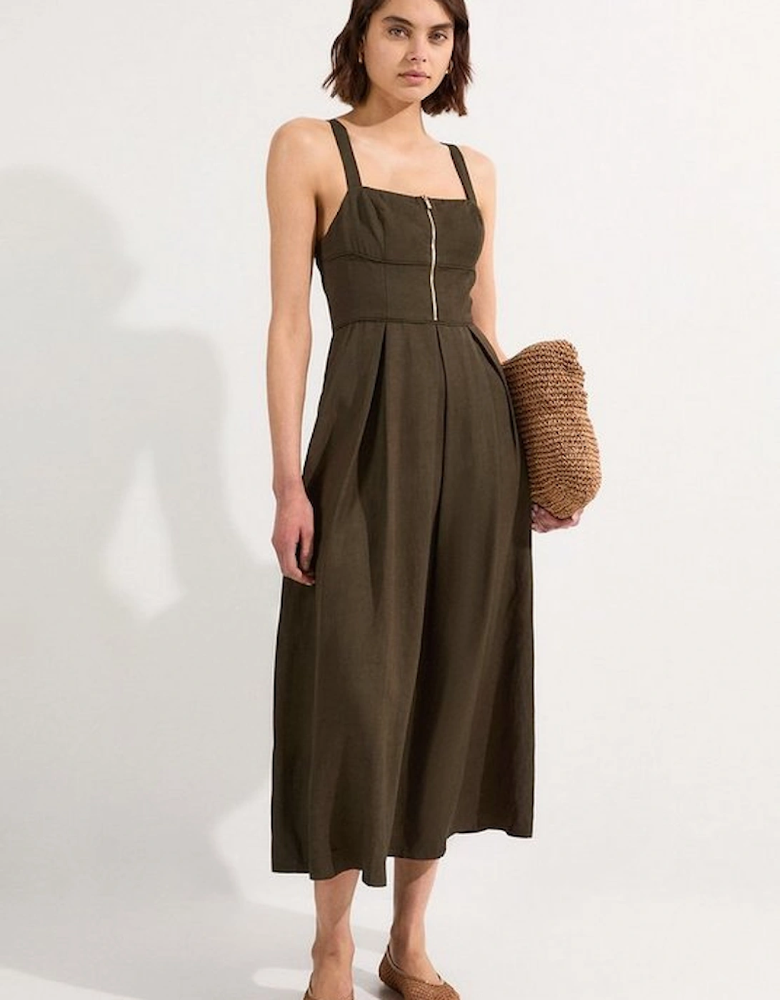 Petite Linen Twill Top Stitch Strappy Woven Zip Front Midi Dress, 4 of 3