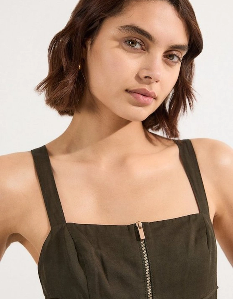 Petite Linen Twill Top Stitch Strappy Woven Zip Front Midi Dress