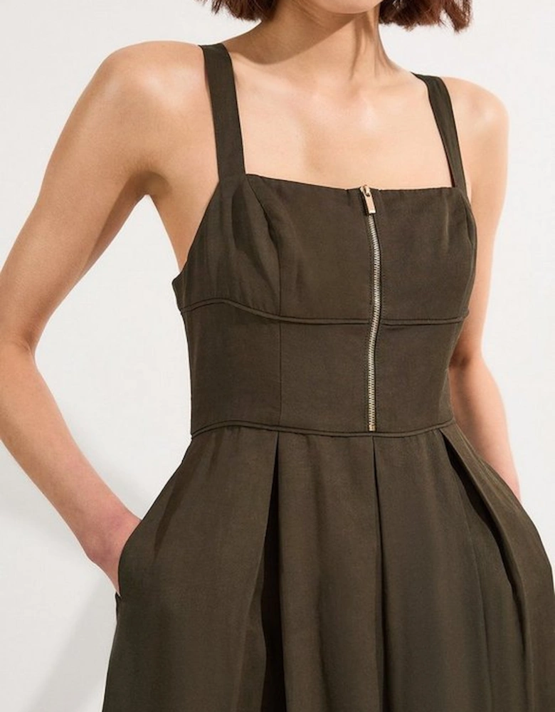 Petite Linen Twill Top Stitch Strappy Woven Zip Front Midi Dress