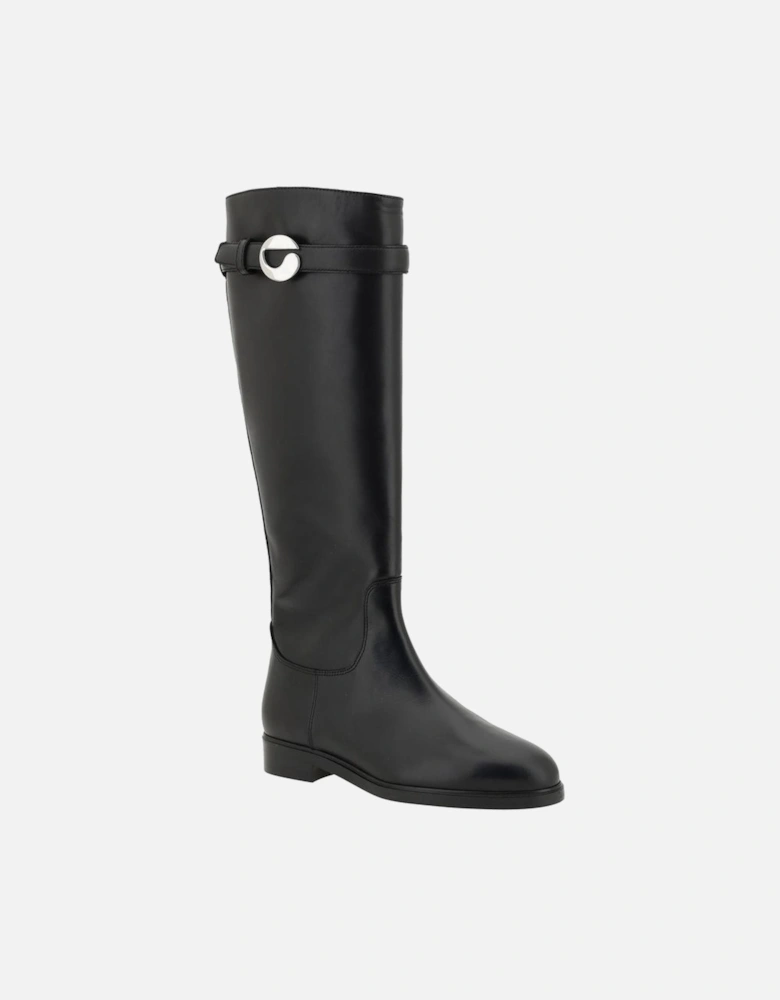 Knee-High Leather Boots with Adjustable Buckle Women - Black