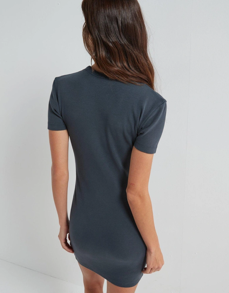 Washed Label Logo Ribbed T-Shirt Dress - Black