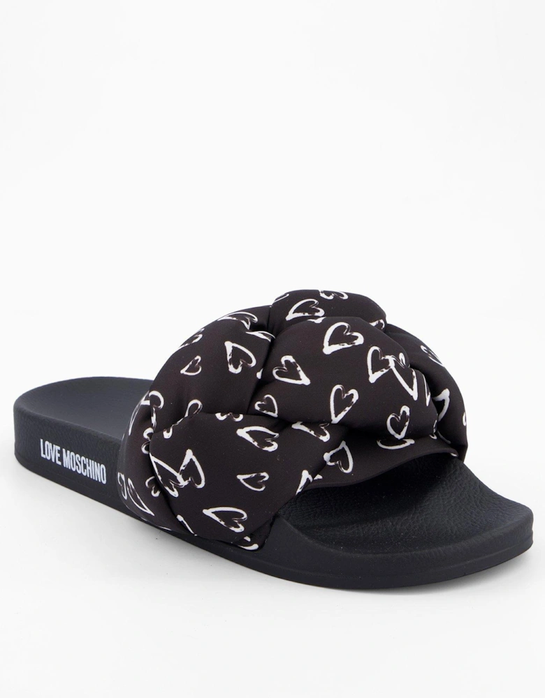 Heart Printed Satin Slide - Black-White