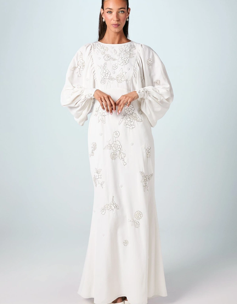Premium Beaded Floral Embellished Long Sleeve Wedding Dress