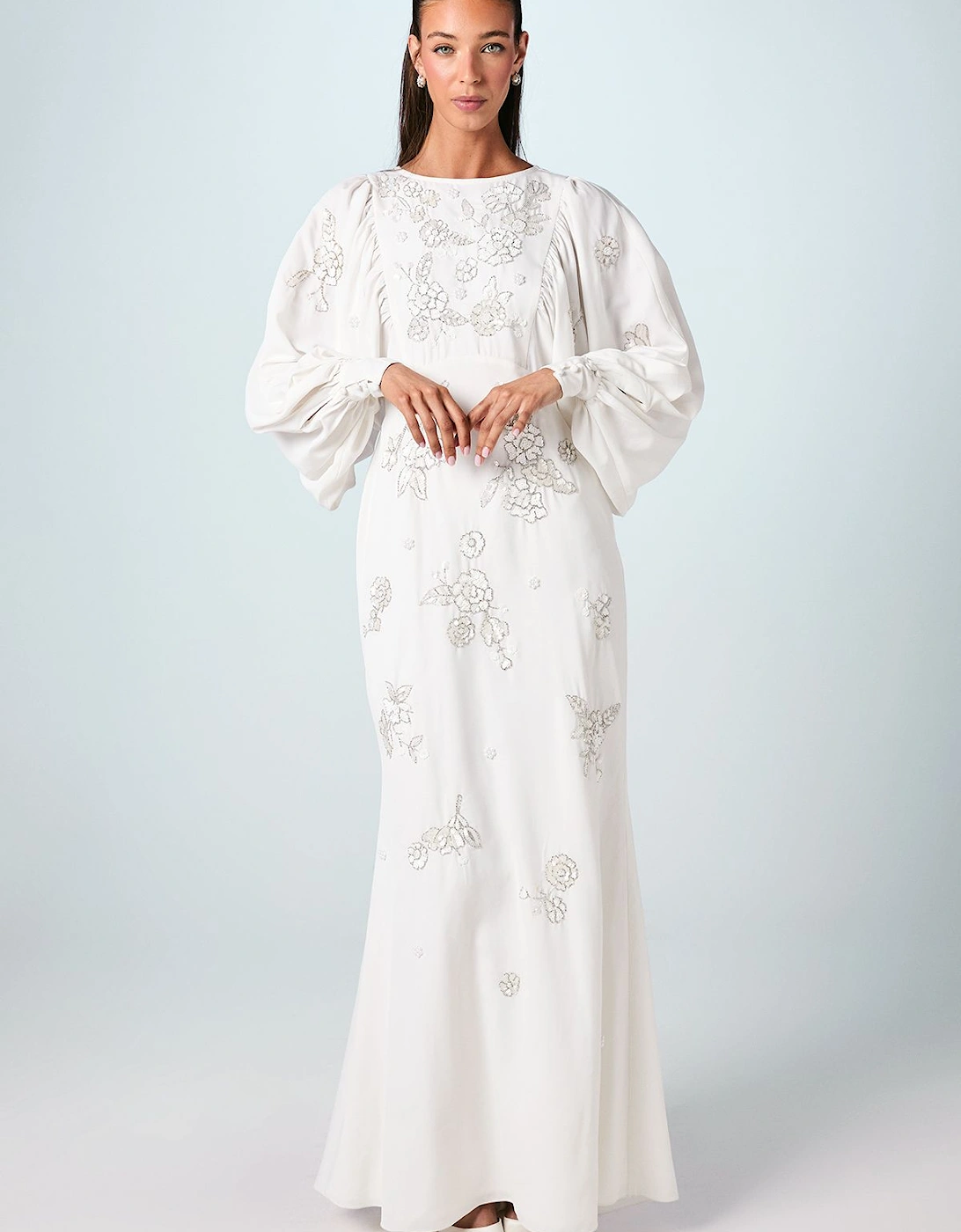 Premium Beaded Floral Embellished Long Sleeve Wedding Dress, 2 of 1