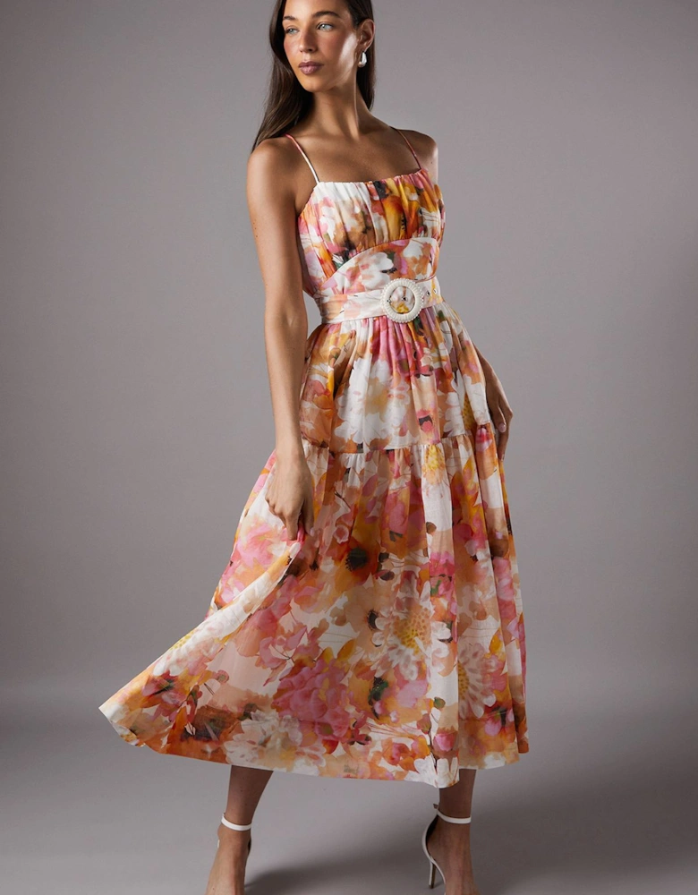 Printed Sleeveless Midi Dress With Belt