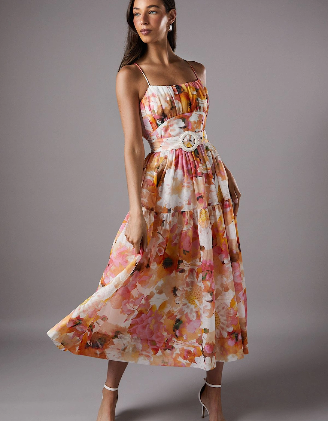 Printed Sleeveless Midi Dress With Belt, 2 of 1