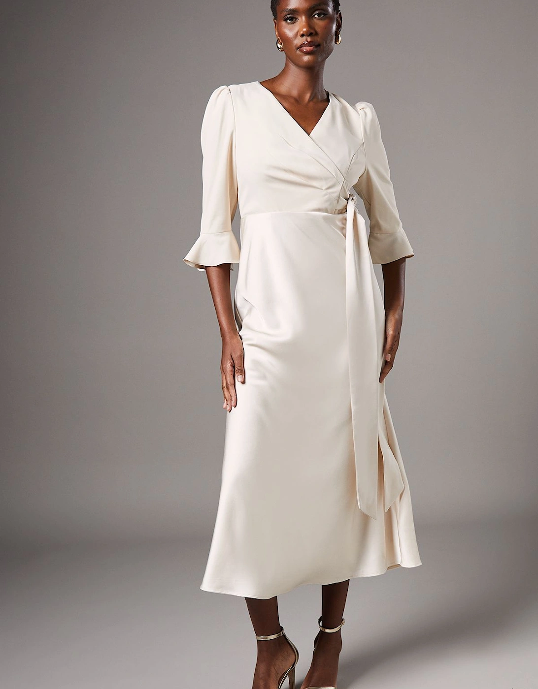 Ruffle Sleeve Satin Back Crepe Wrap Dress, 2 of 1