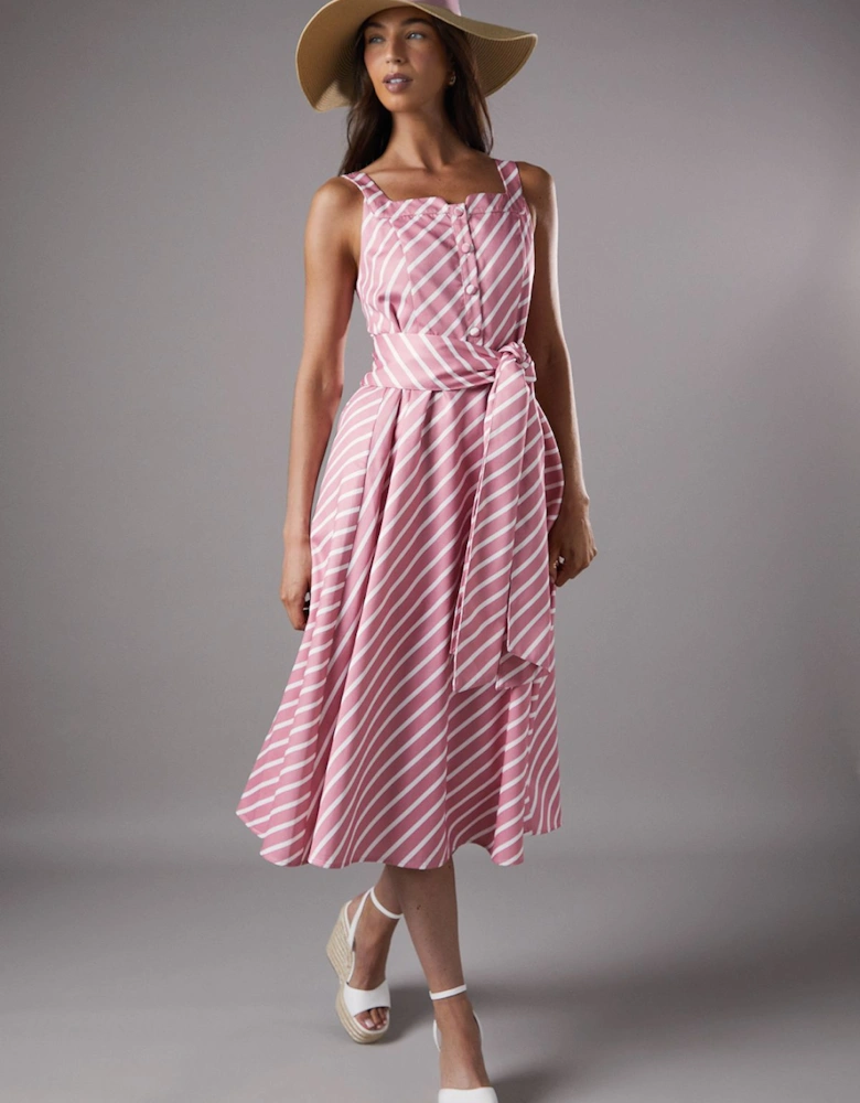Lisa Tan Diagonal Stripe Belted Midi Dress