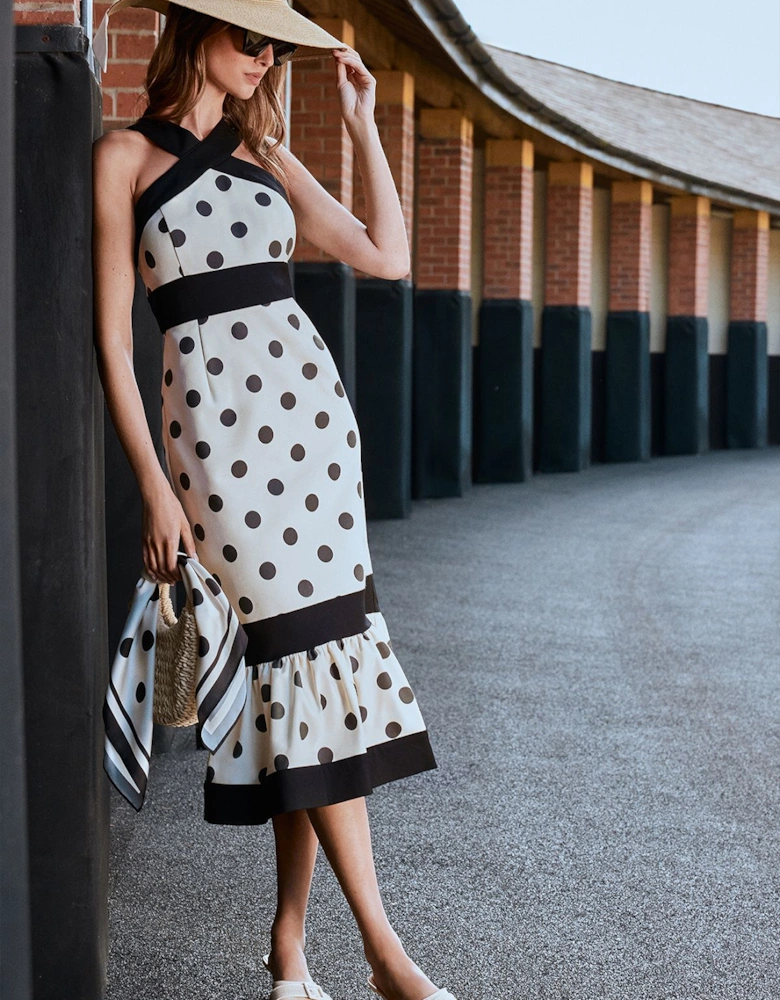 Lisa Tan Spot Halter Midi Dress