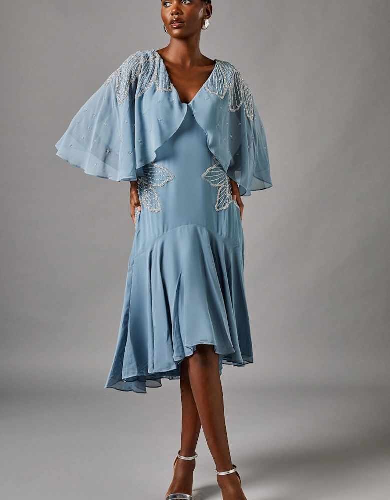 Embellished Midi Dress With Cape Sleeves