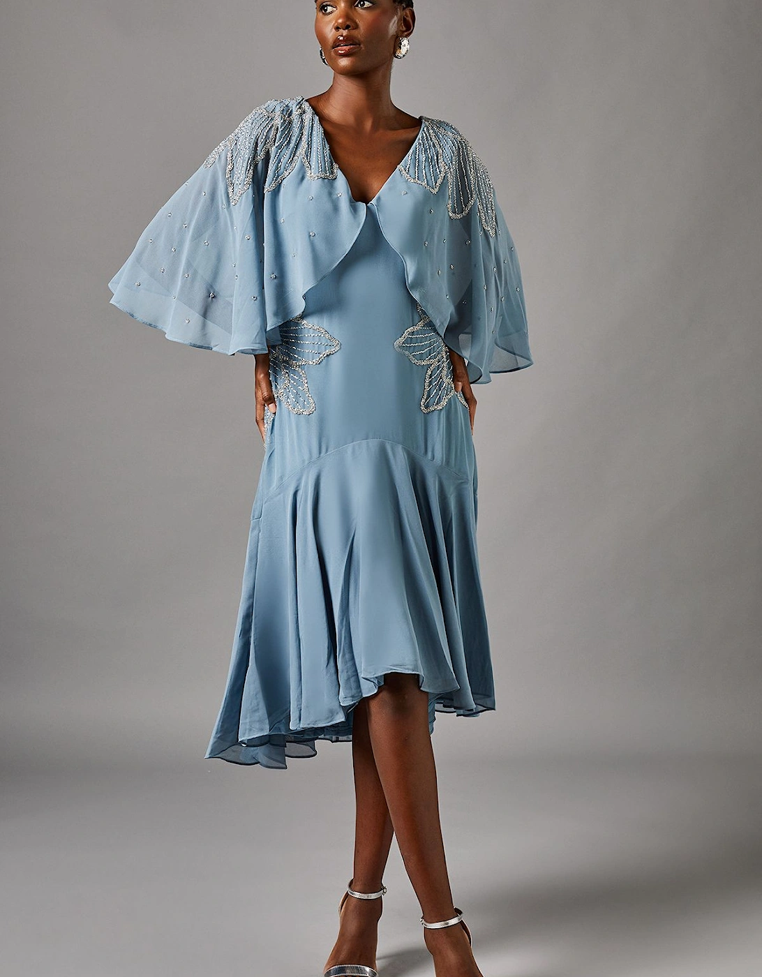 Embellished Midi Dress With Cape Sleeves, 2 of 1