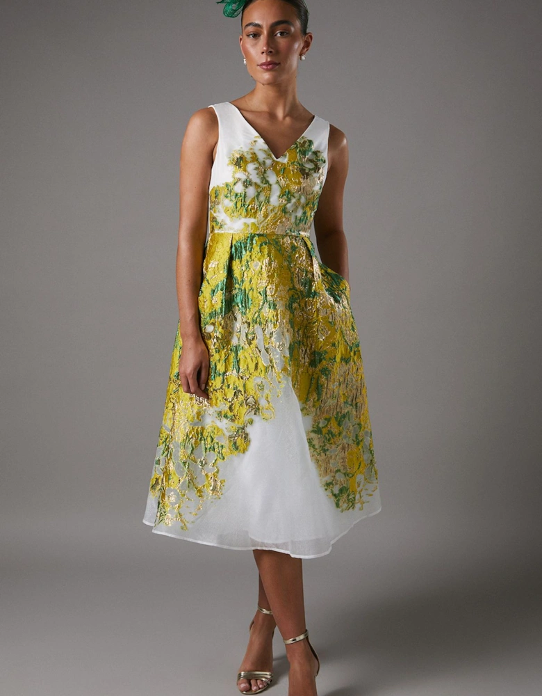V Neck Jacquard Midi Dress