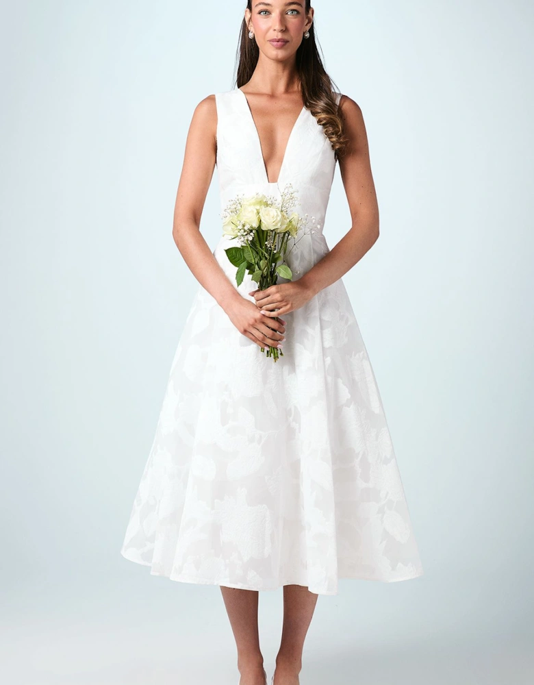 Plunge V Full Skirted Jacquard Midi Dress