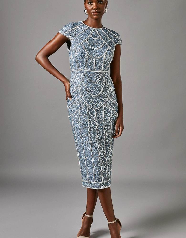 Cap Sleeve Pearl Embellished Pencil Dress