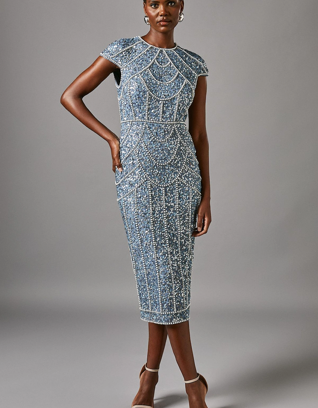 Cap Sleeve Pearl Embellished Pencil Dress, 2 of 1