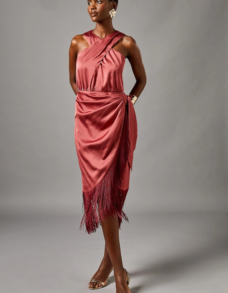 Cross Neck Wrap Skirt Fringe Midi Dress