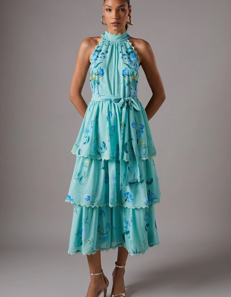 Sleeveless Halter Chiffon Midi Tiered Dress