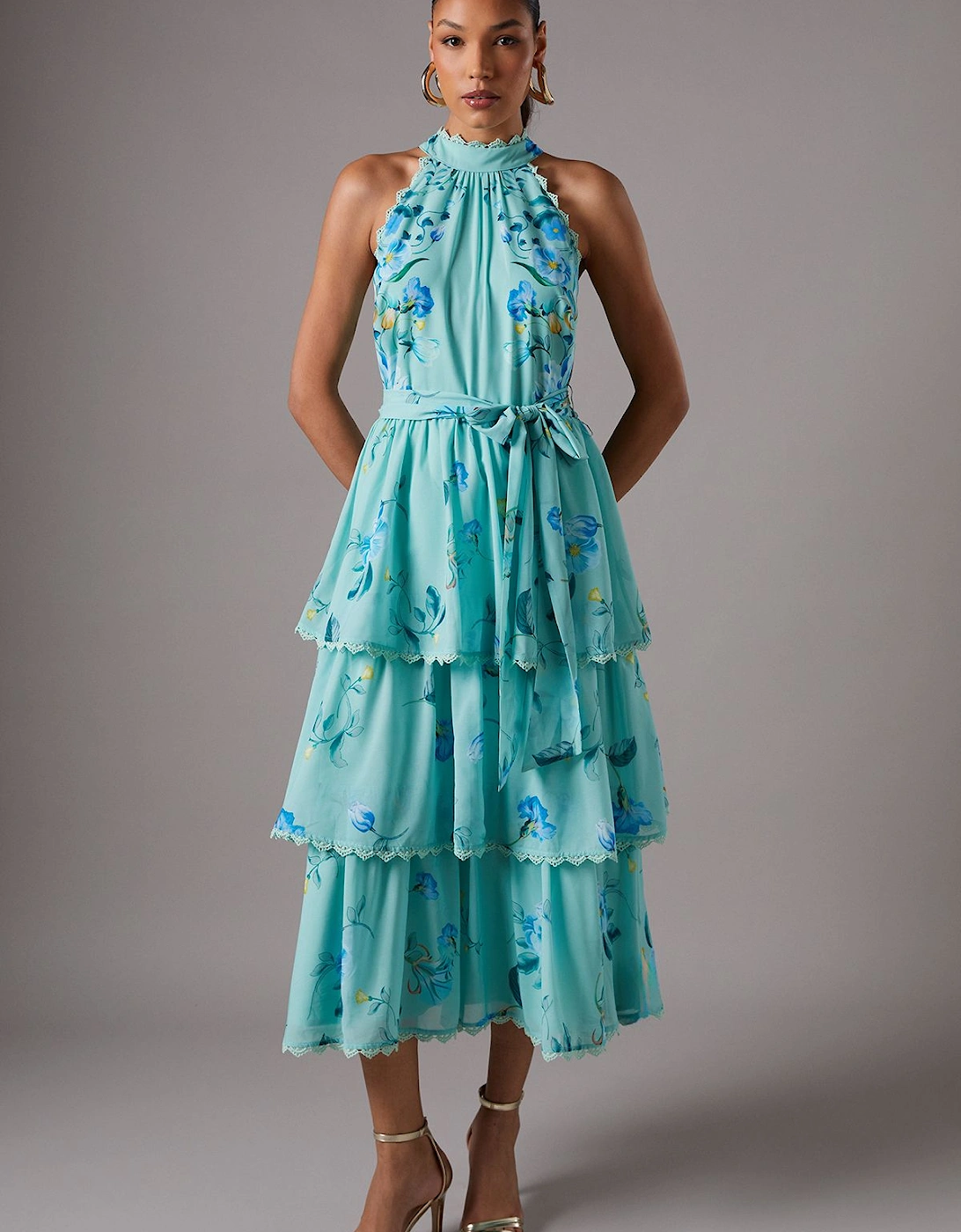 Sleeveless Halter Chiffon Midi Tiered Dress, 2 of 1
