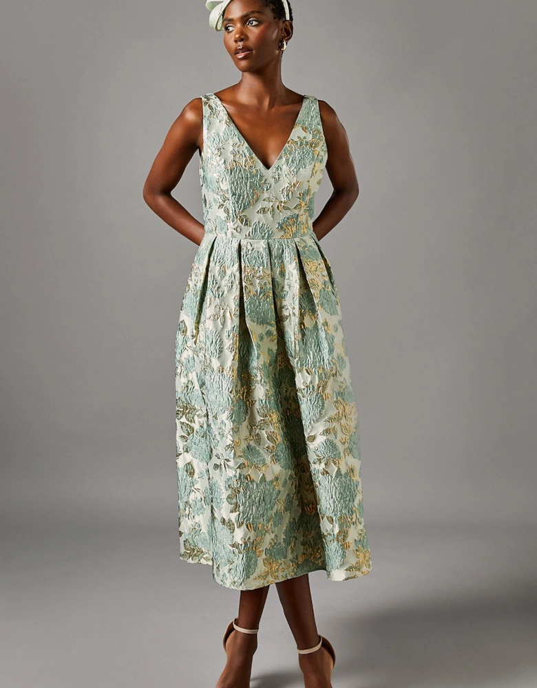 V Neck Floral Jacquard Full Skirt Midi Dress