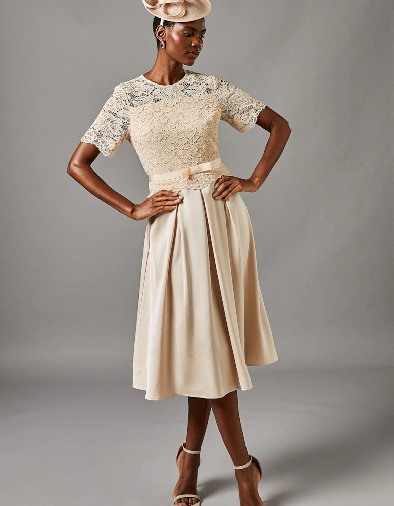 Lace And Crepe Full Skirted Midi Dress