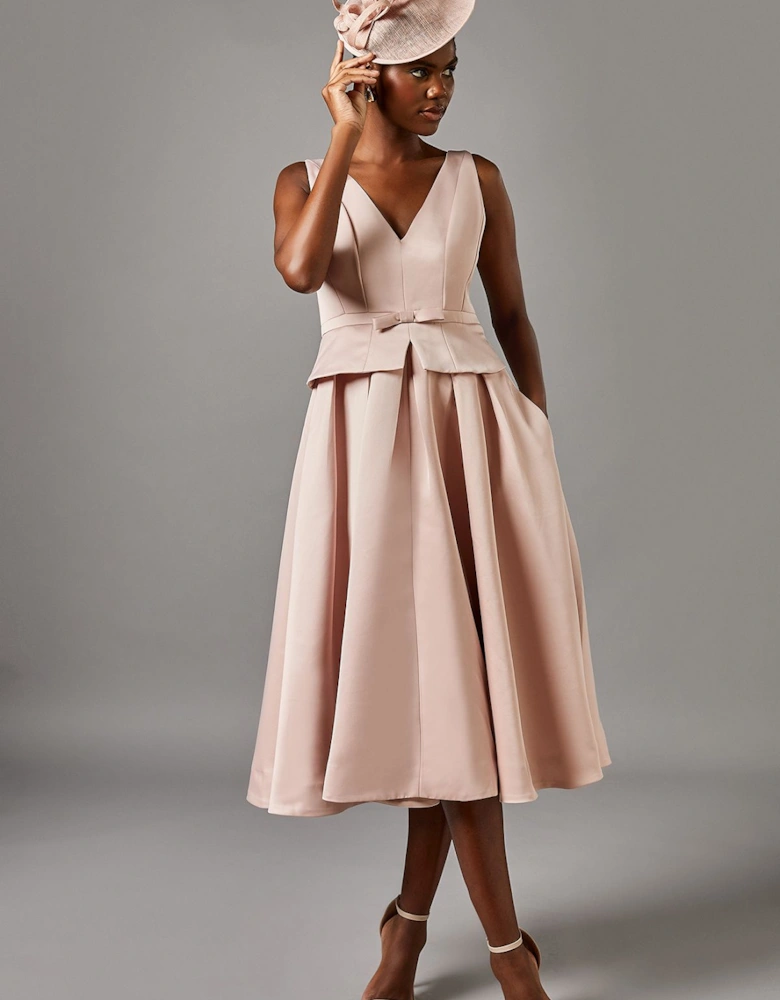 Sleeveless Twill Peplum Bow Dress