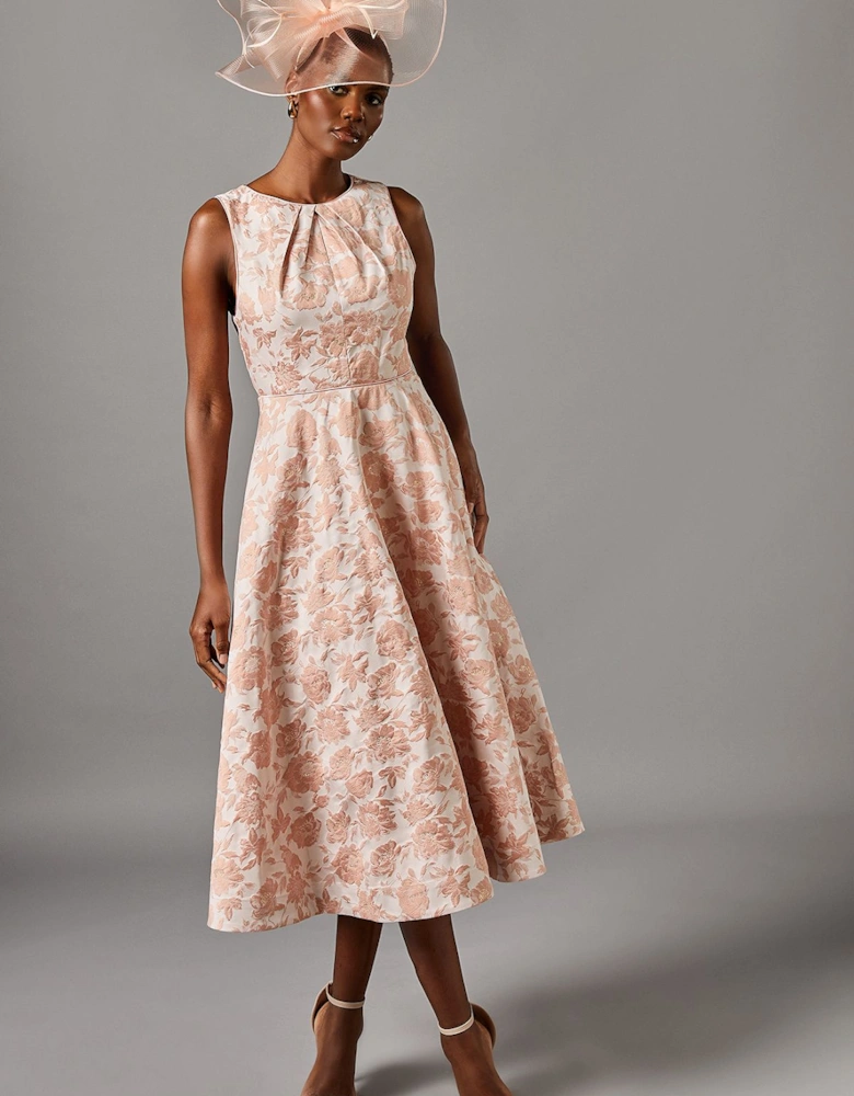Sleeveless Jacquard Fit And Flare Midi Dress