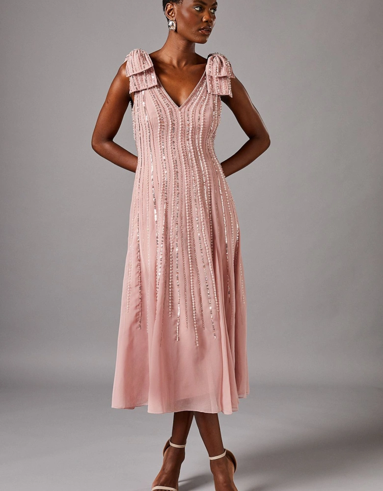 Bow Shoulder Embellished Midi Dress