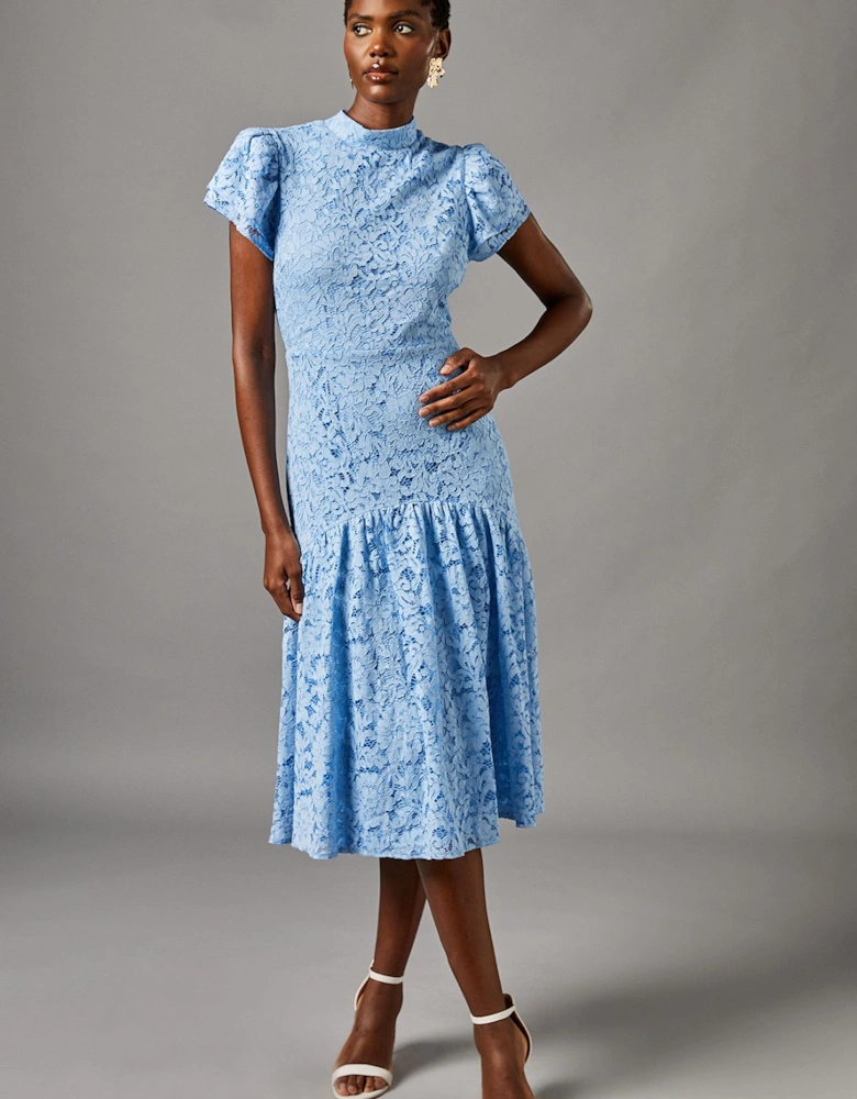 Lace Frill Sleeve High Neck Midi