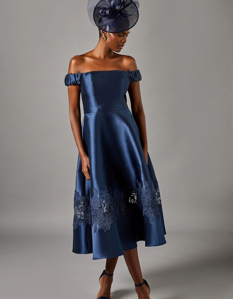 Bardot Twill Midi Dress With Lace Trim