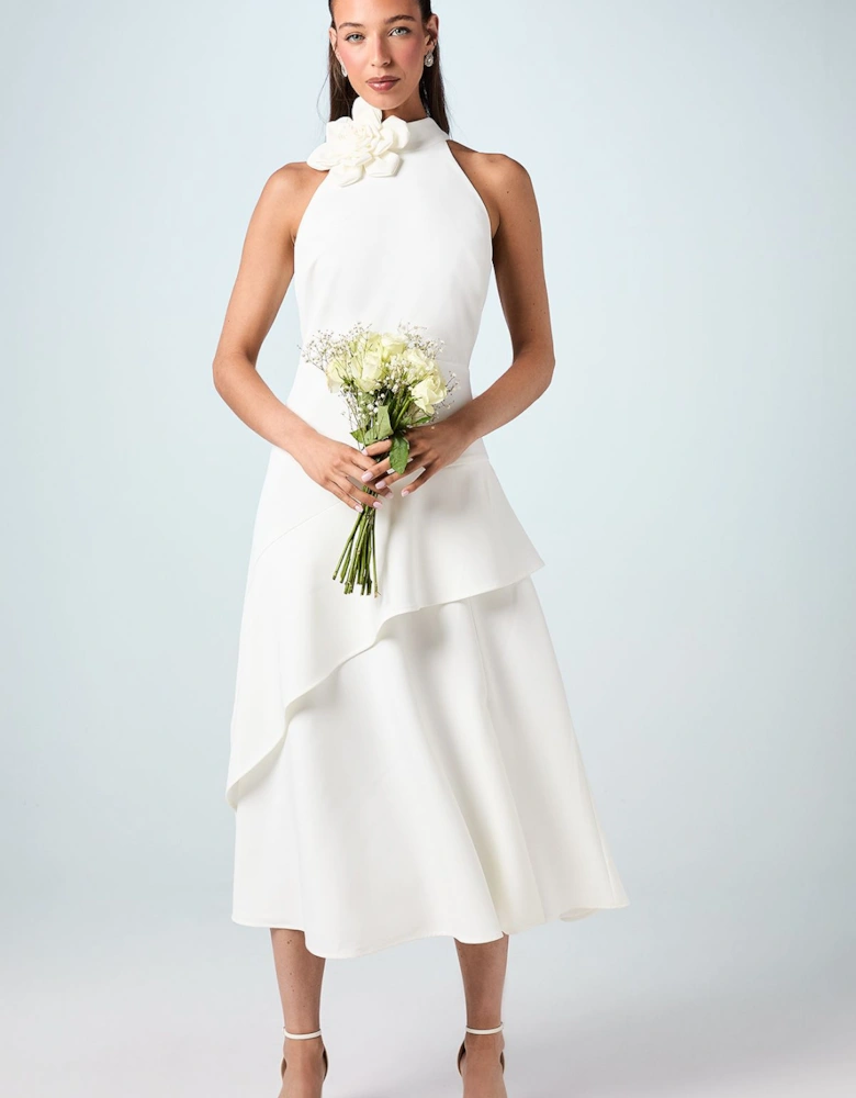 High Neck Corsage Detail Midi Dress
