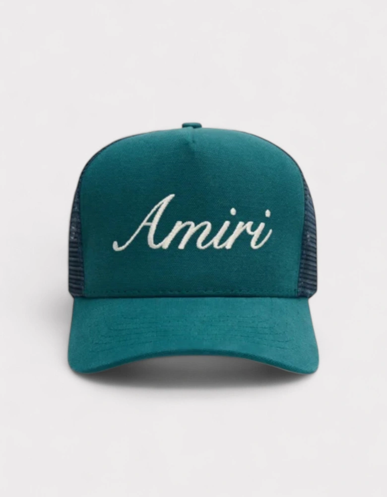 Script Trucker Hat Teal Green
