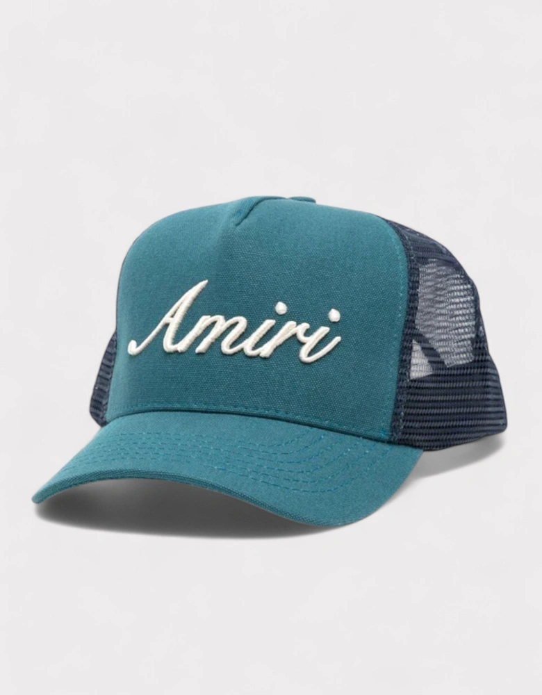 Script Trucker Hat Teal Green