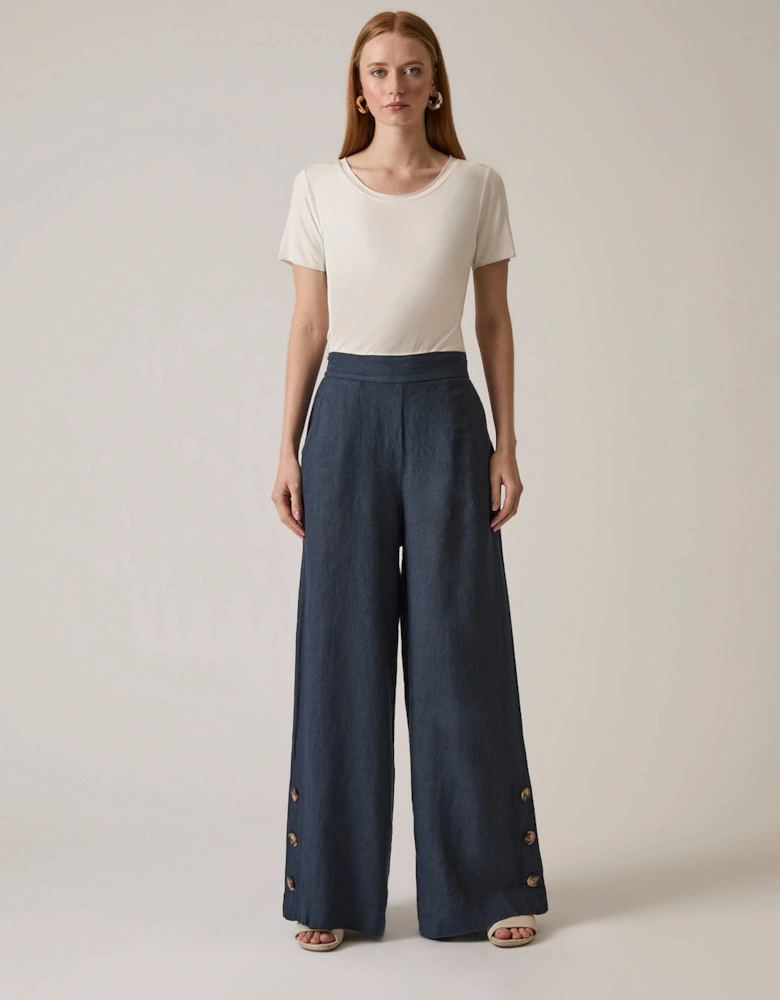 Navy Linen Button Trousers