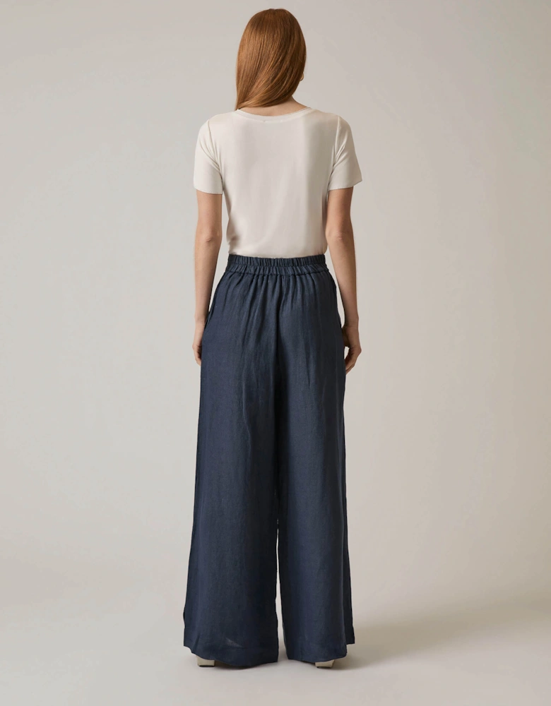 Navy Linen Button Trousers
