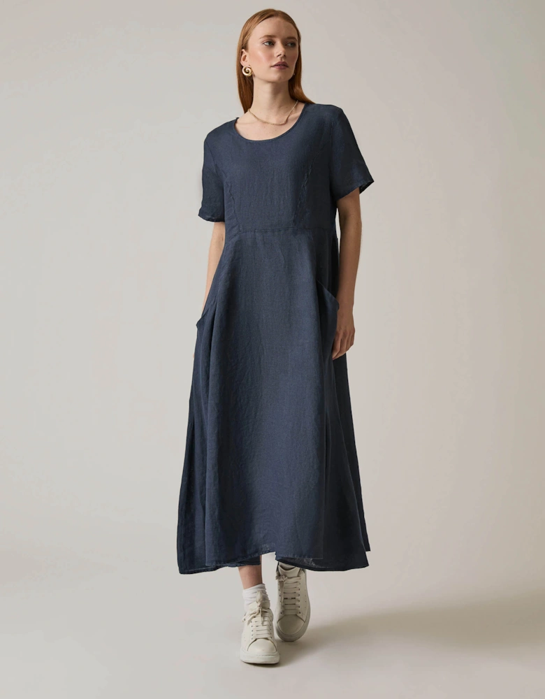 Linen Navy Pocket Midi Dress