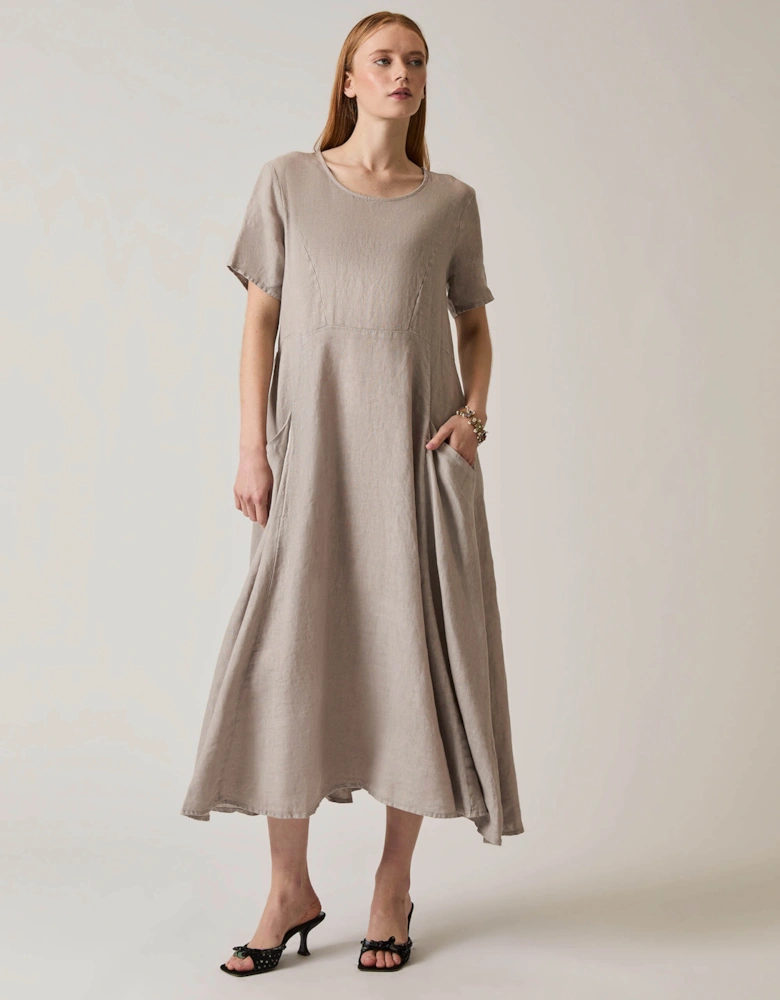 Linen Taupe Pocket Midi Dress