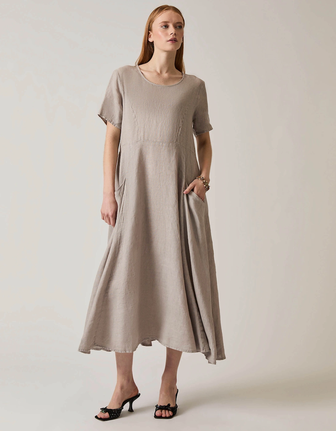 Linen Taupe Pocket Midi Dress