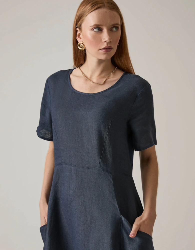 Linen Navy Pocket Midi Dress