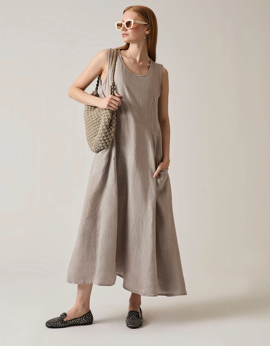 Linen Taupe Midi Dress