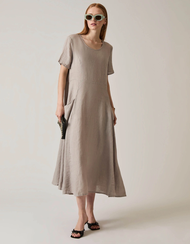 Linen Taupe Pocket Midi Dress