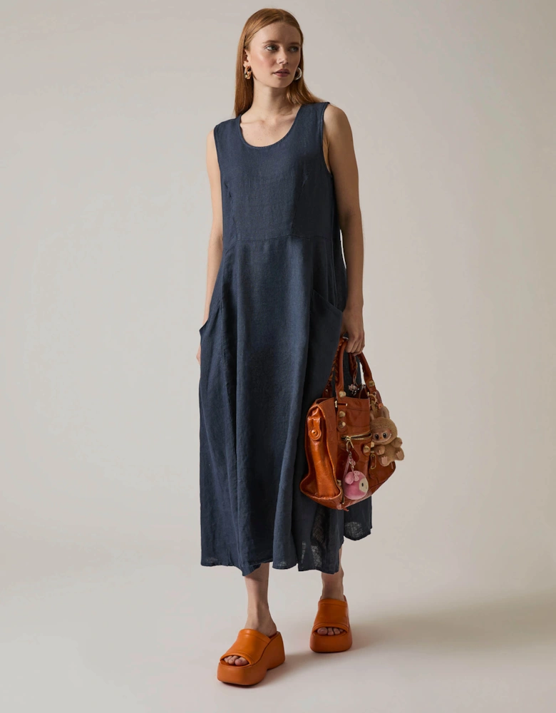 Linen Navy Midi Dress