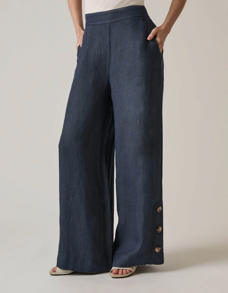 Navy Linen Button Trousers