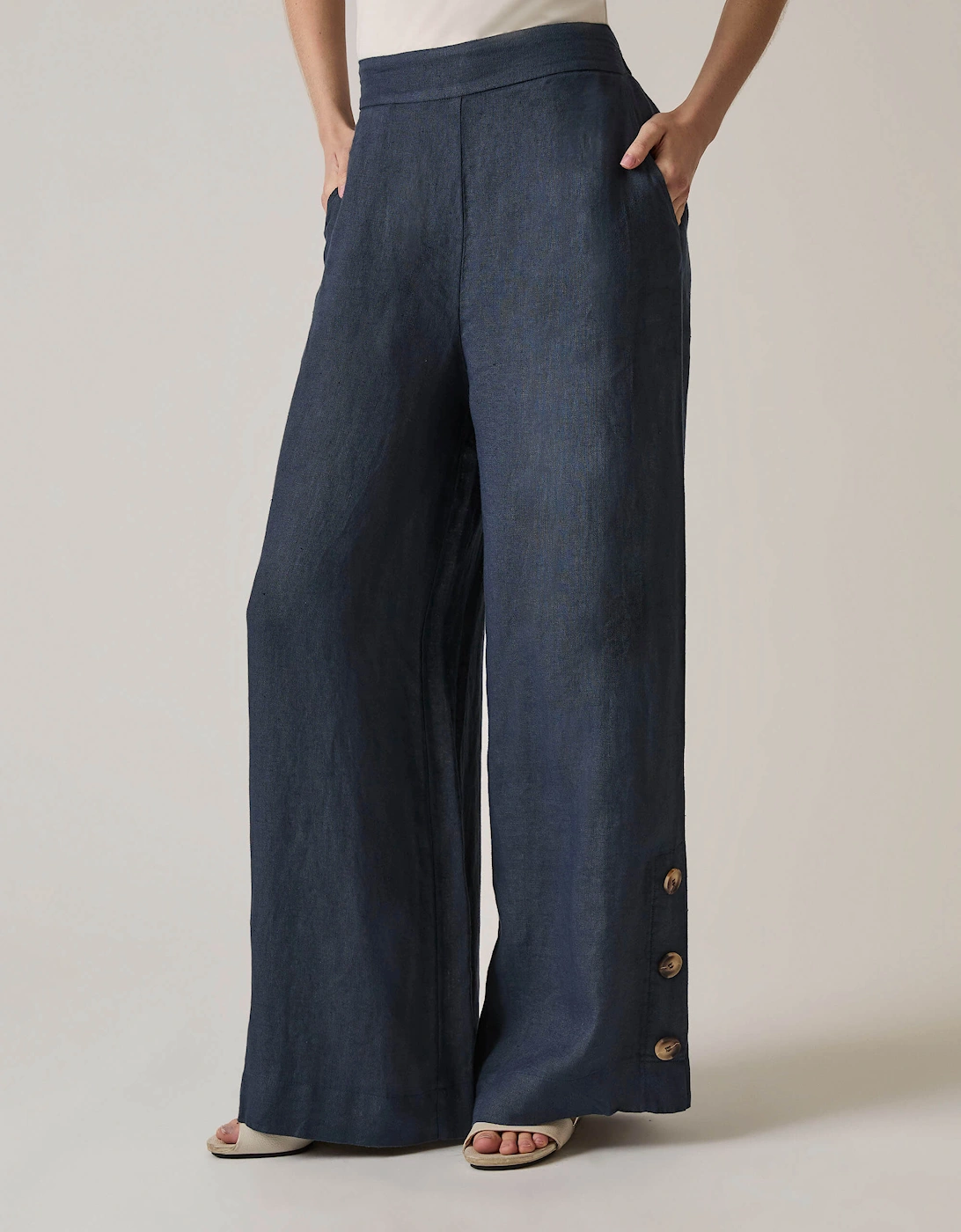 Navy Linen Button Trousers