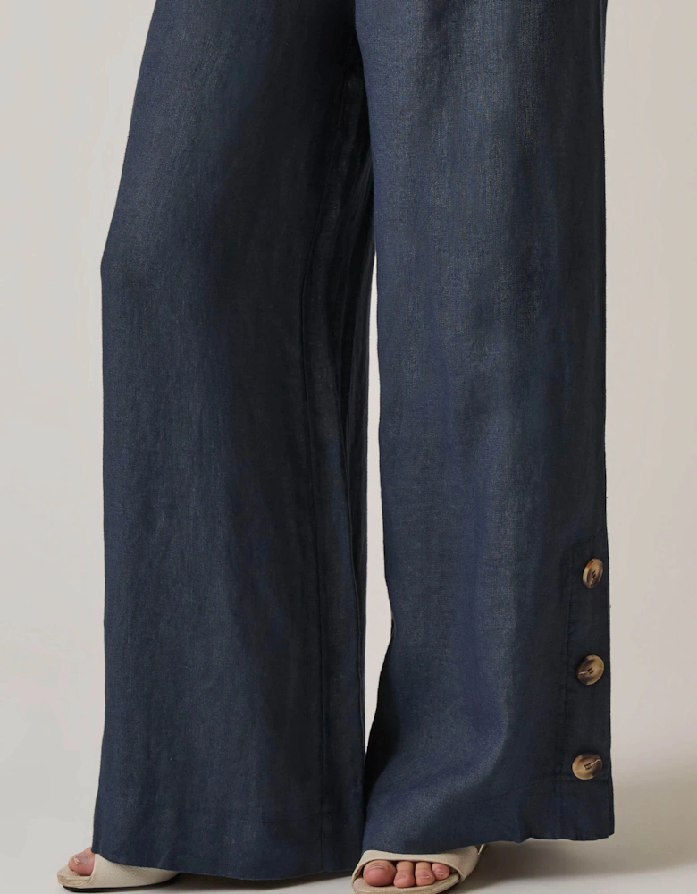Navy Linen Button Trousers